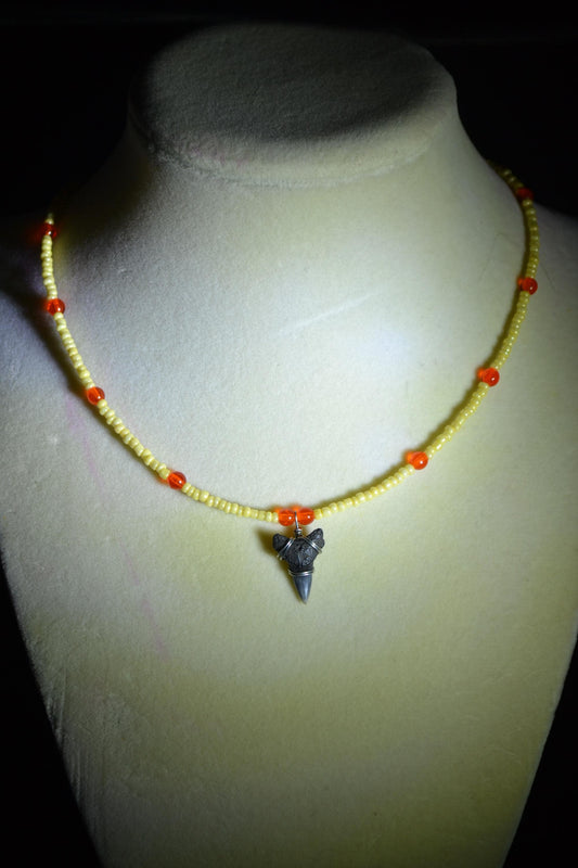 Wire wrapped sharks tooth beaded choker. Yellow and orange