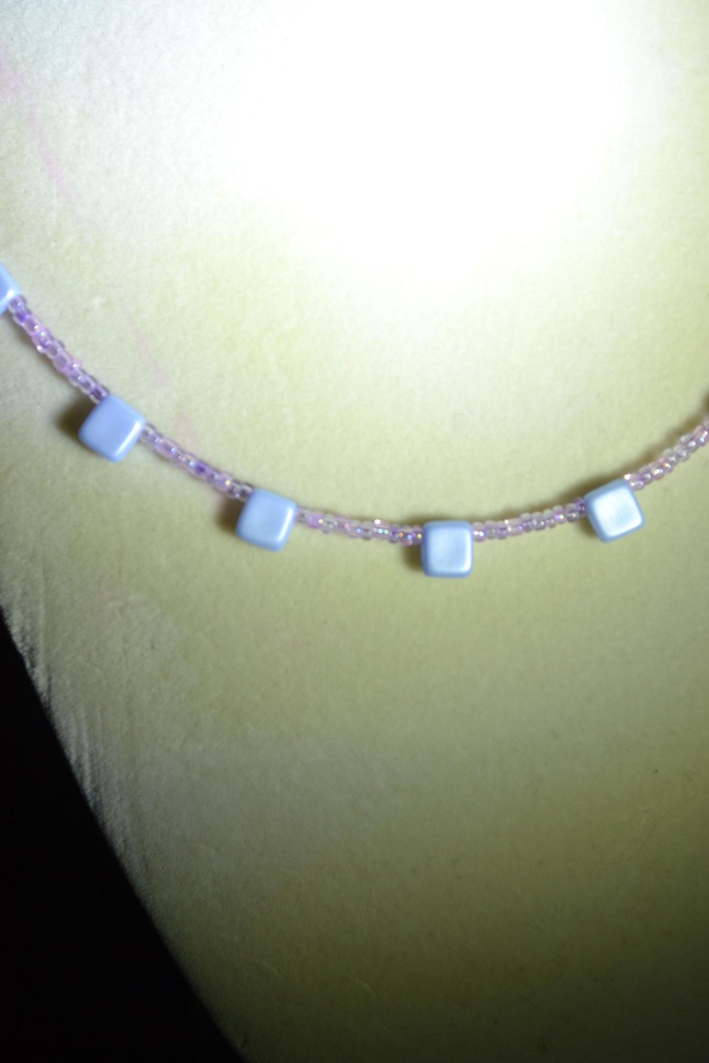 Multicolor glass bead necklace. Blue and pink