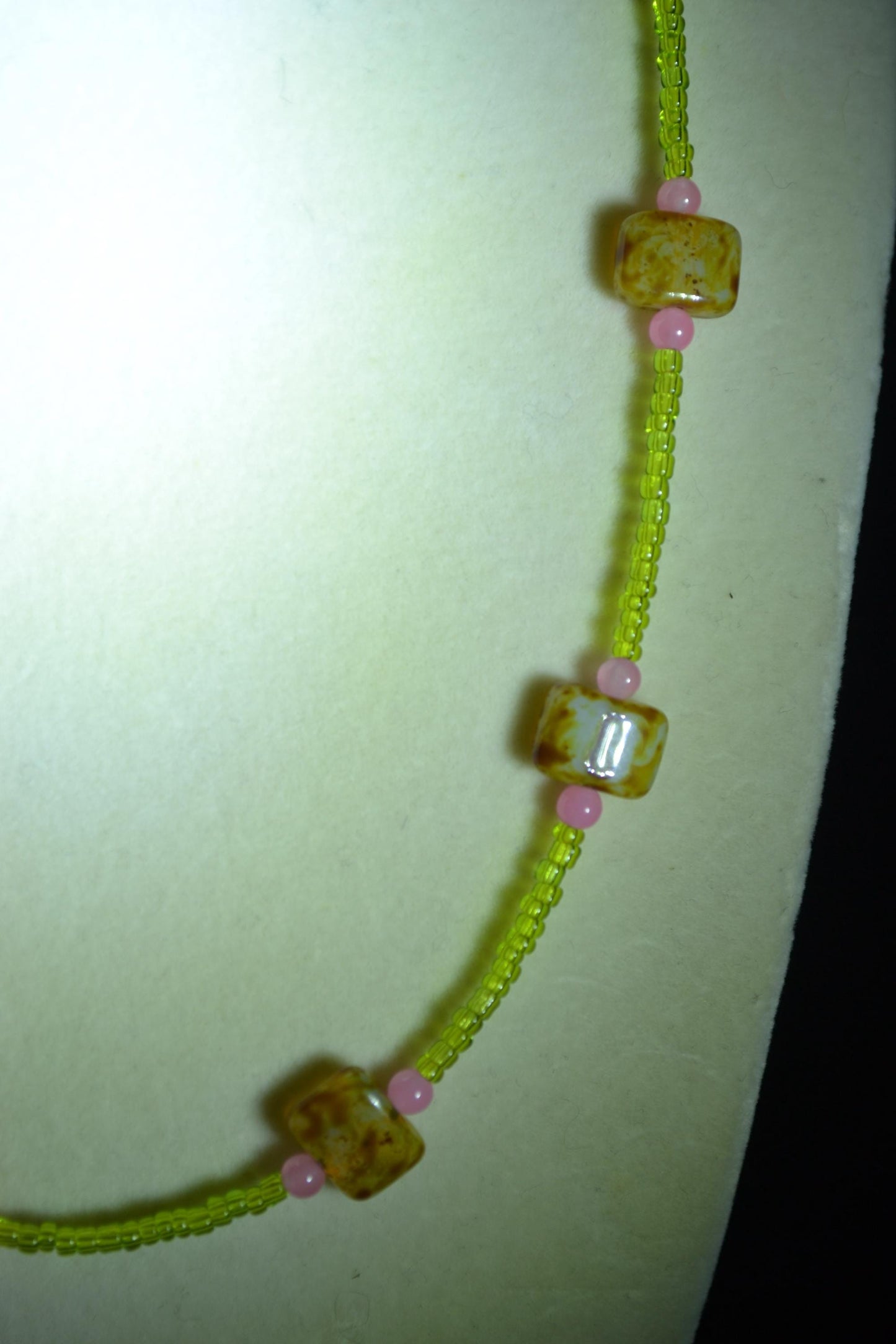Multicolor glass bead necklace. Picasso, green, and pink