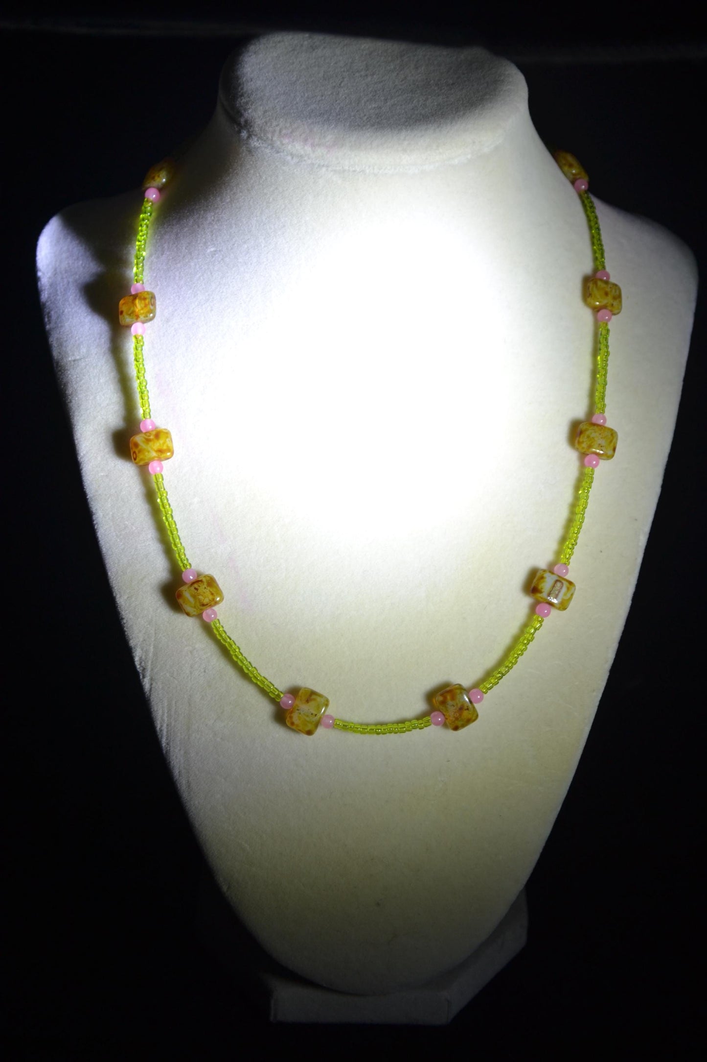 Multicolor glass bead necklace. Picasso, green, and pink
