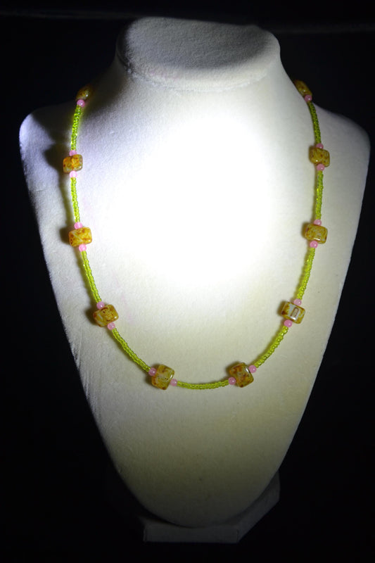Multicolor glass bead necklace. Picasso, green, and pink