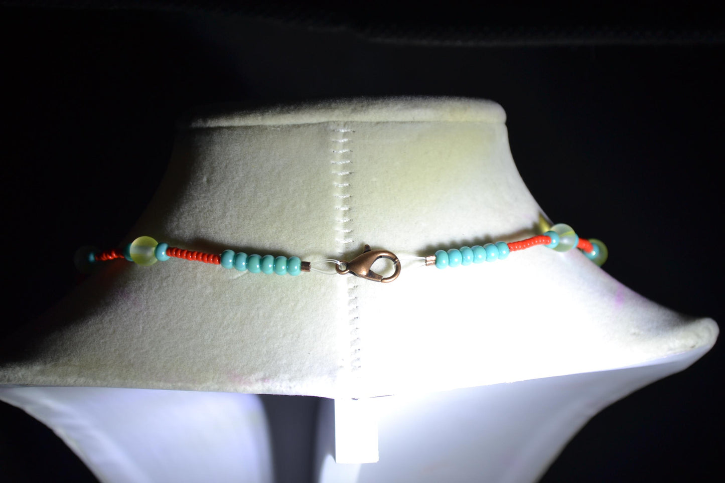 Multicolor glass bead necklace. Red, yellow, and turquoise
