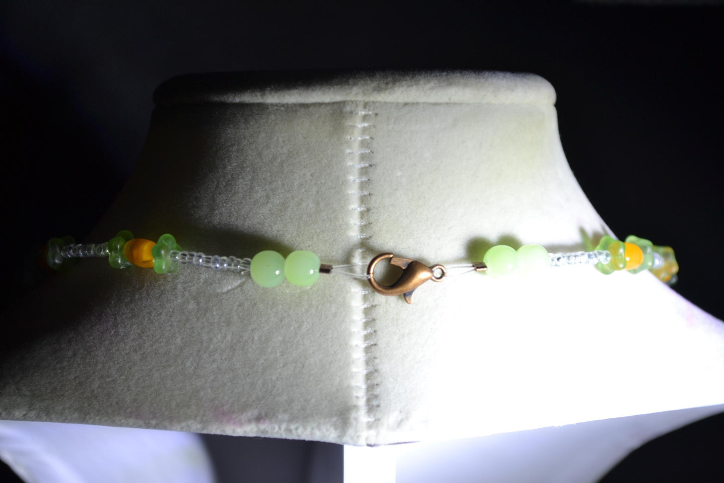 Multicolor glass bead necklace. Tangerine and jade