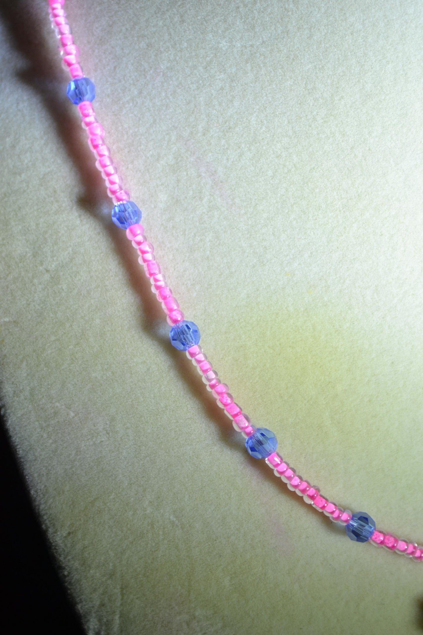 Wire wrapped sharks tooth beaded necklace. Blue and pink