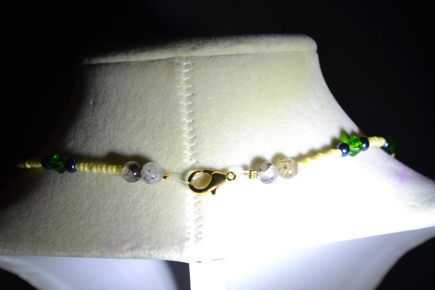 Multicolor glass bead necklace. Yellow, green, and gunmetal
