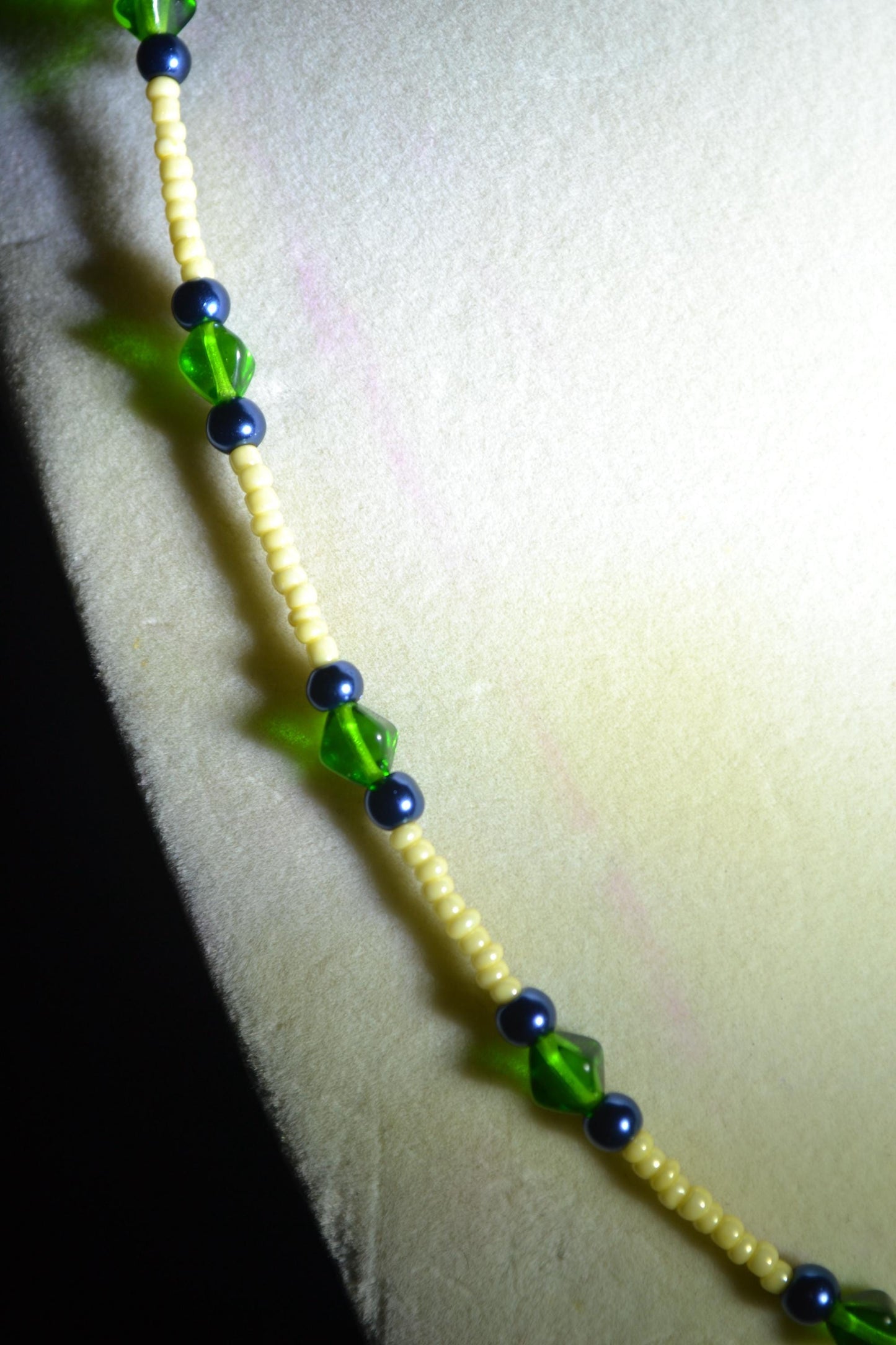 Multicolor glass bead necklace. Yellow, green, and gunmetal