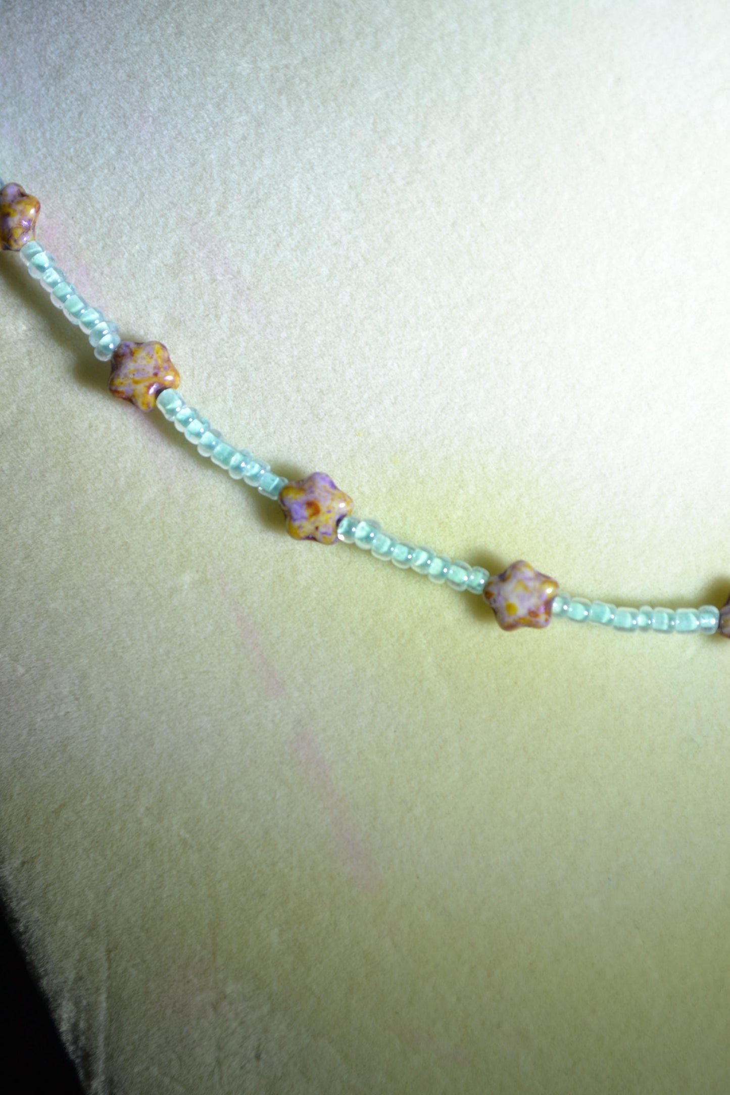 Multicolor glass bead necklace. Aqua and Picasso stars