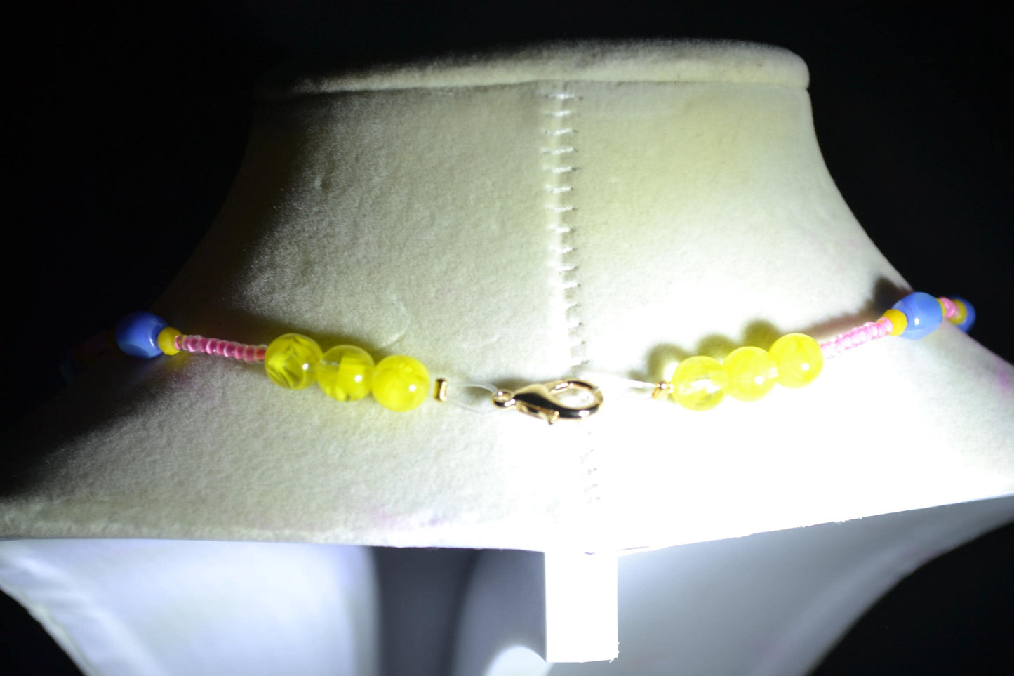Multicolor glass bead necklace. Periwinkle, yellow, and pink