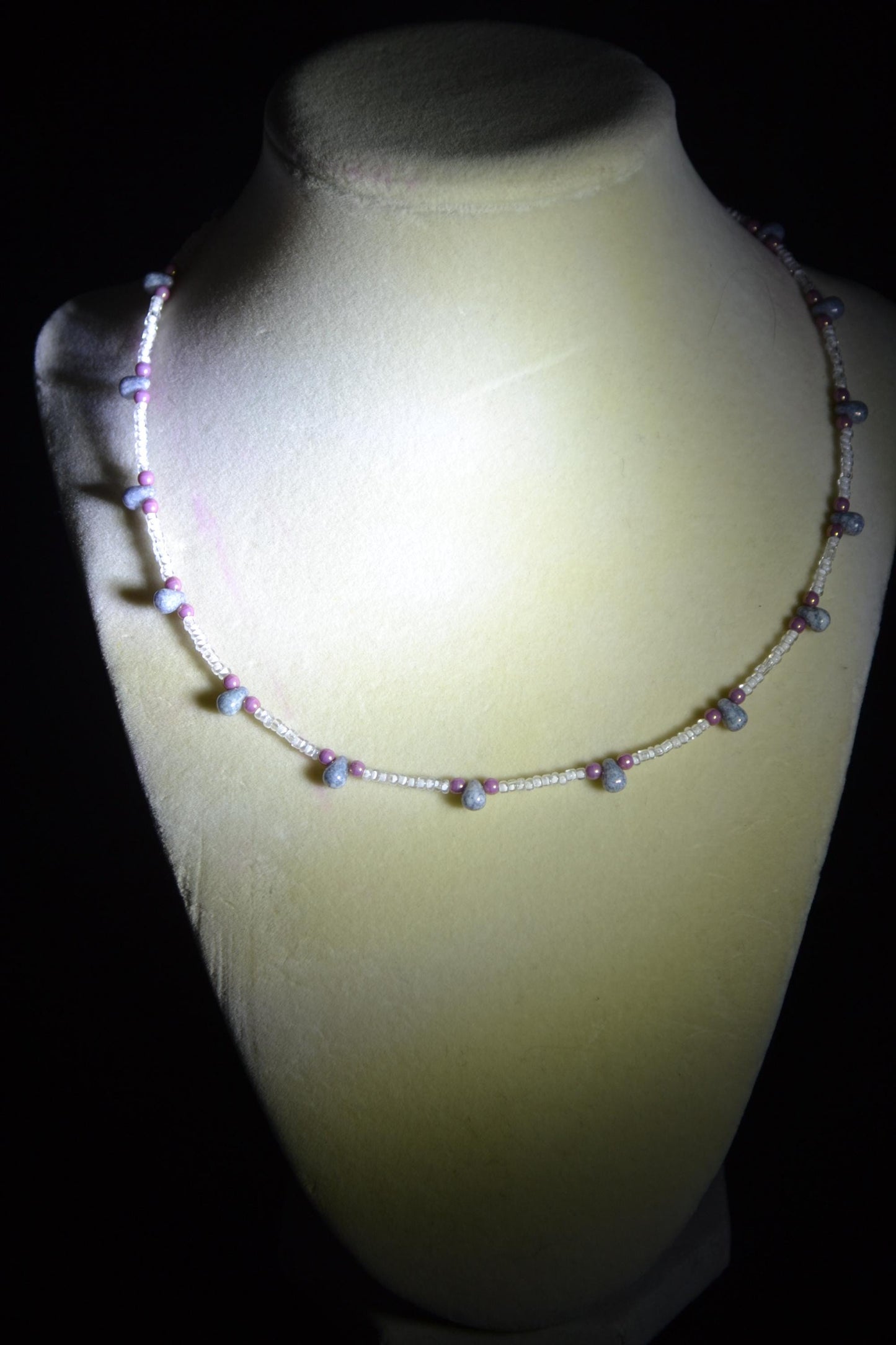 Multicolor glass bead necklace. Grey, white, and pink