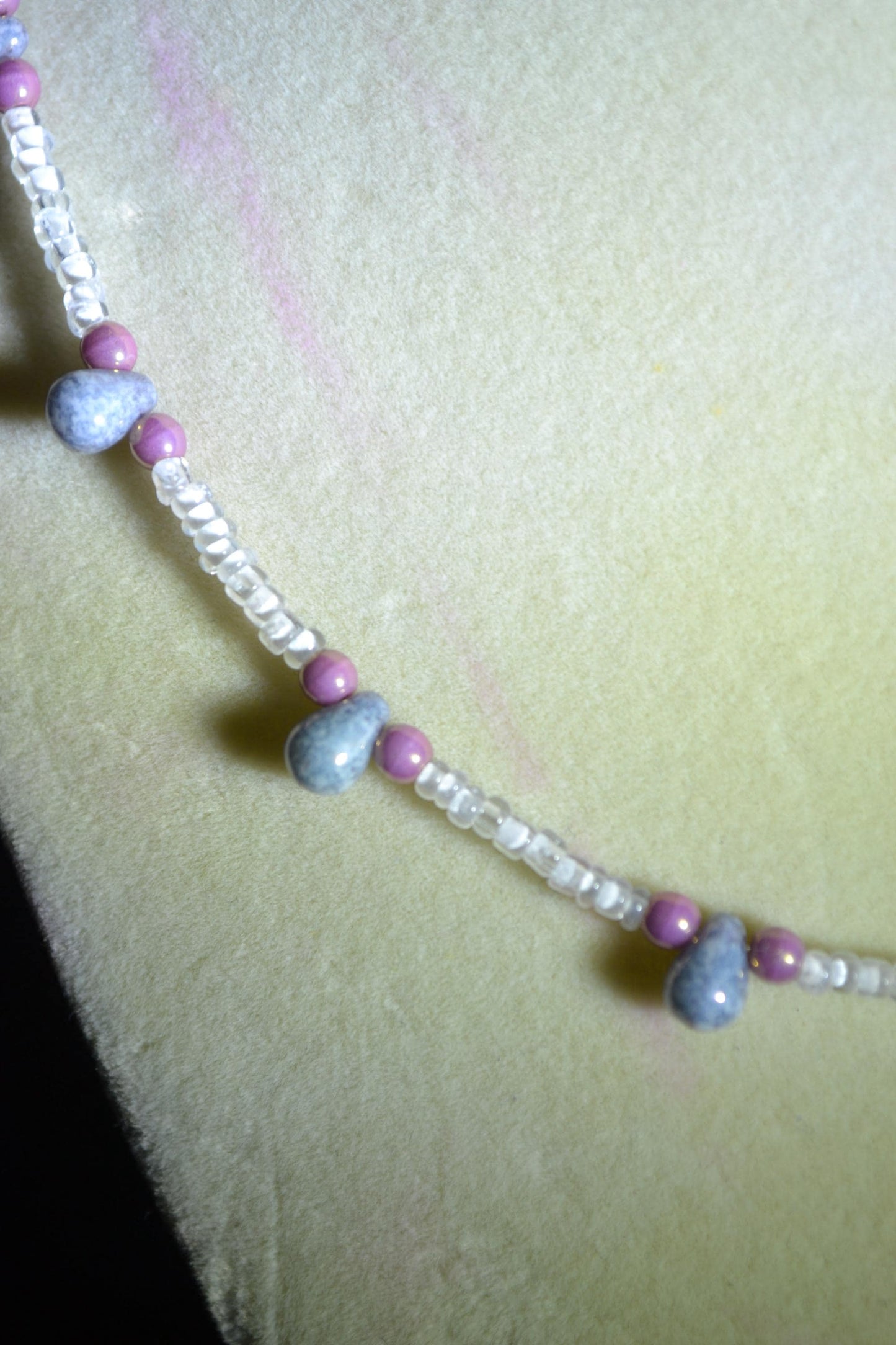 Multicolor glass bead necklace. Grey, white, and pink