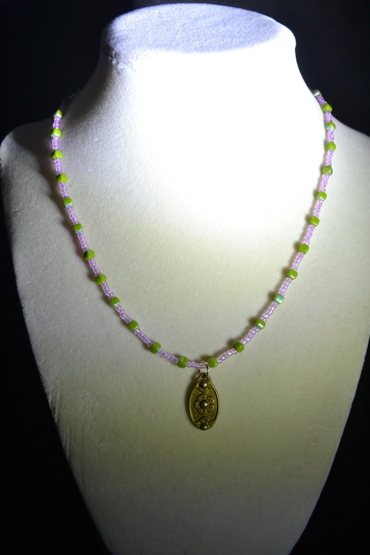 Brass flower pendant beaded necklace