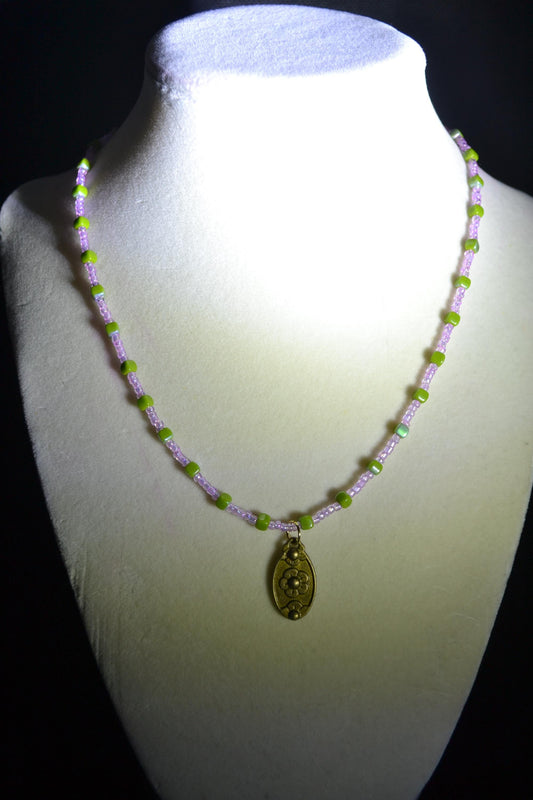 Brass flower pendant beaded necklace