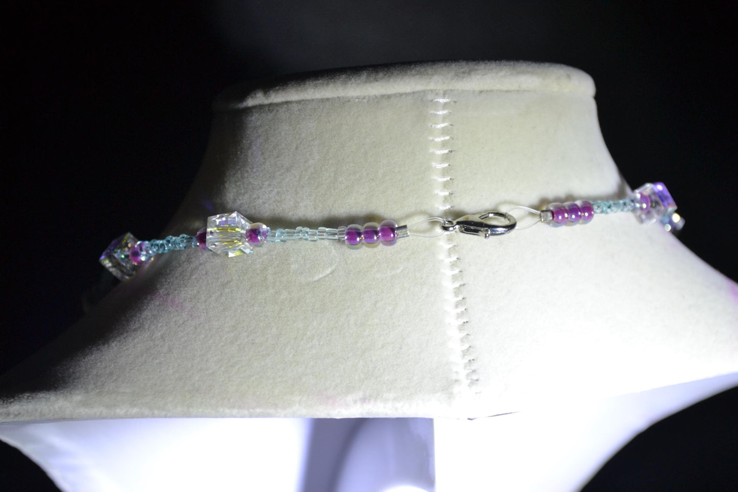 Crystal, purple, and blue beaded necklace