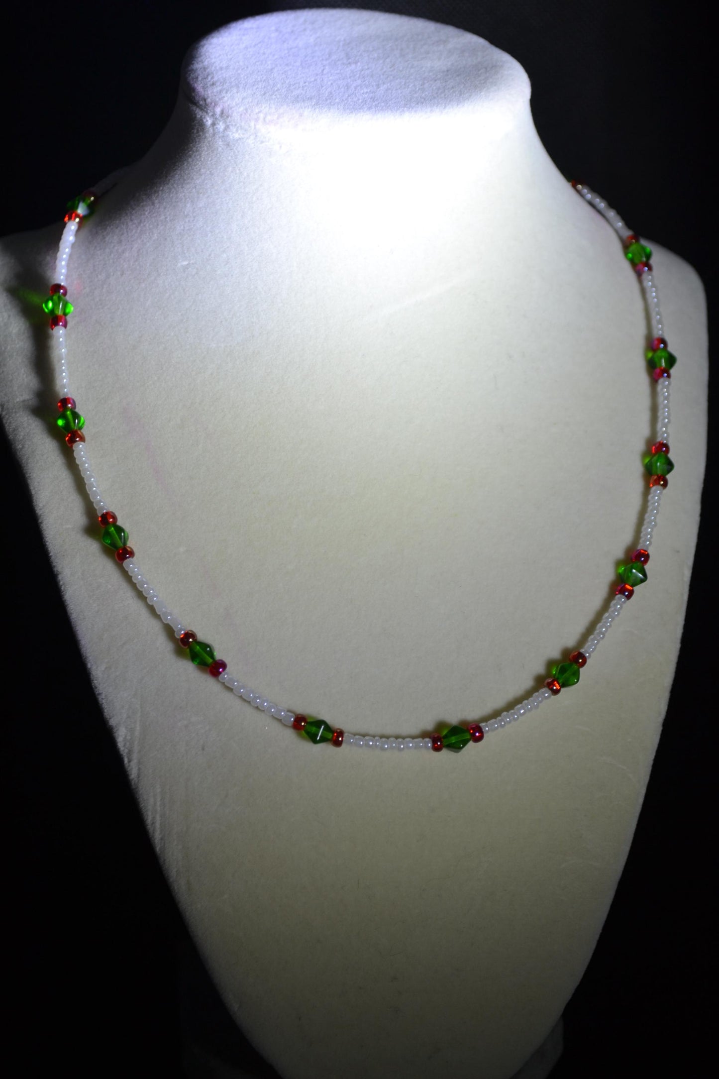 Multicolor glass bead necklace. Green, white, and red