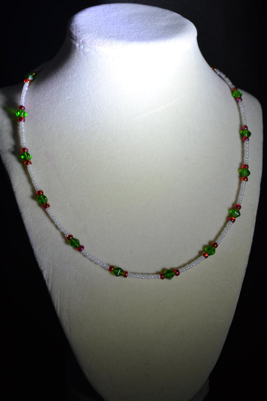 Multicolor glass bead necklace. Green, white, and red