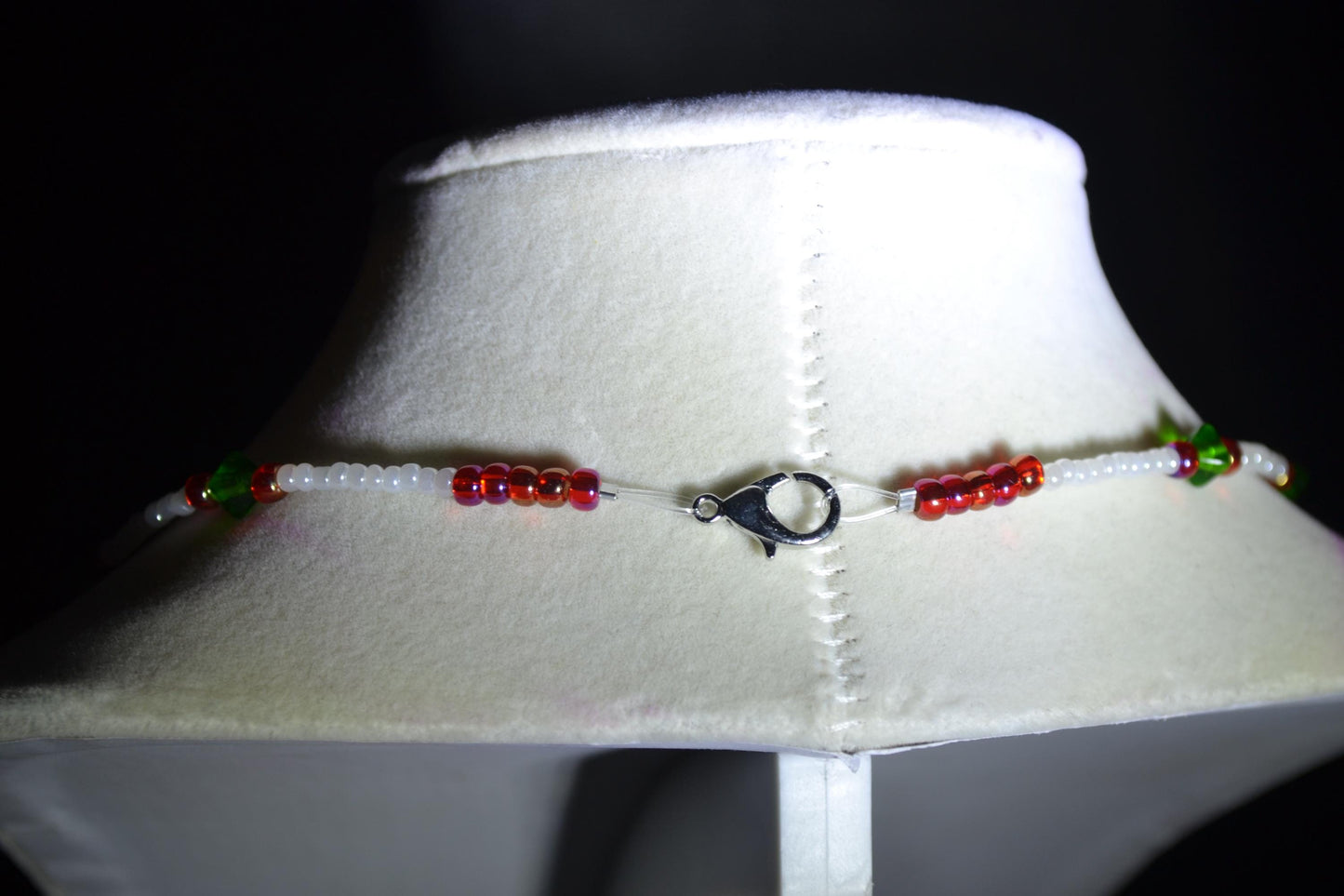 Multicolor glass bead necklace. Green, white, and red