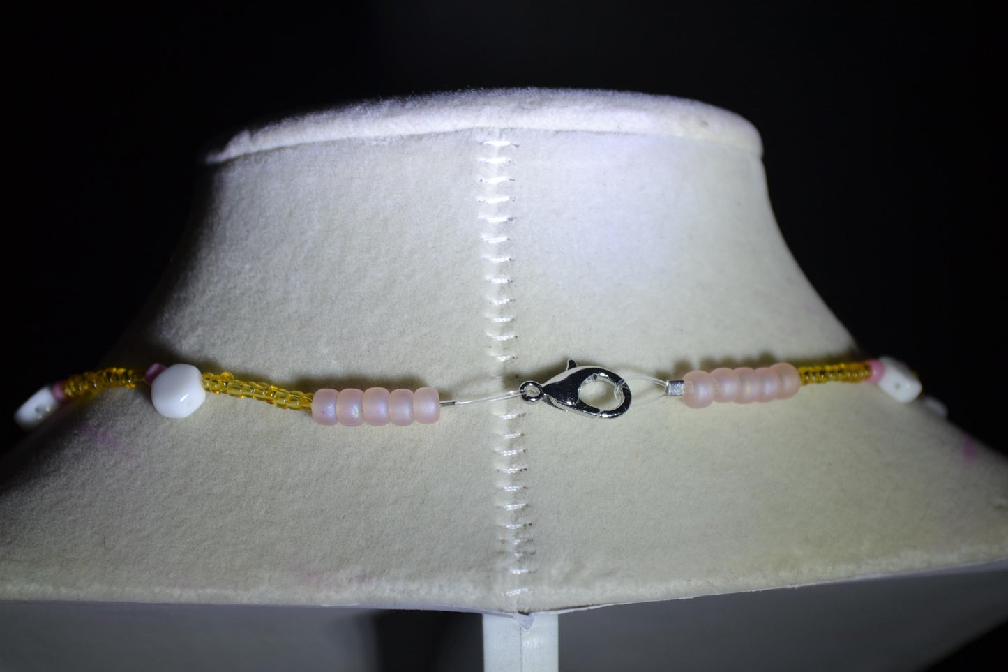 Multicolor glass bead necklace. Pink, golden, and white