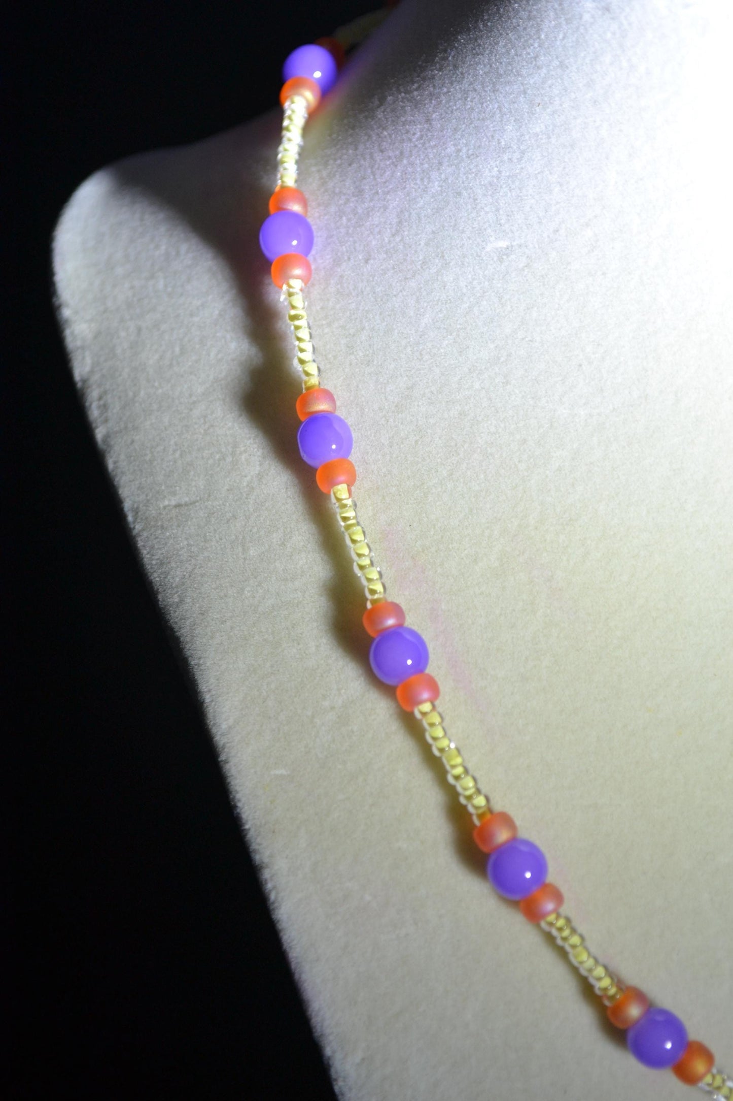 Multicolor glass bead necklace. Purple, yellow, and orange