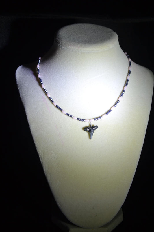 Wire wrapped sharks tooth beaded necklace. Pink and gunmetal
