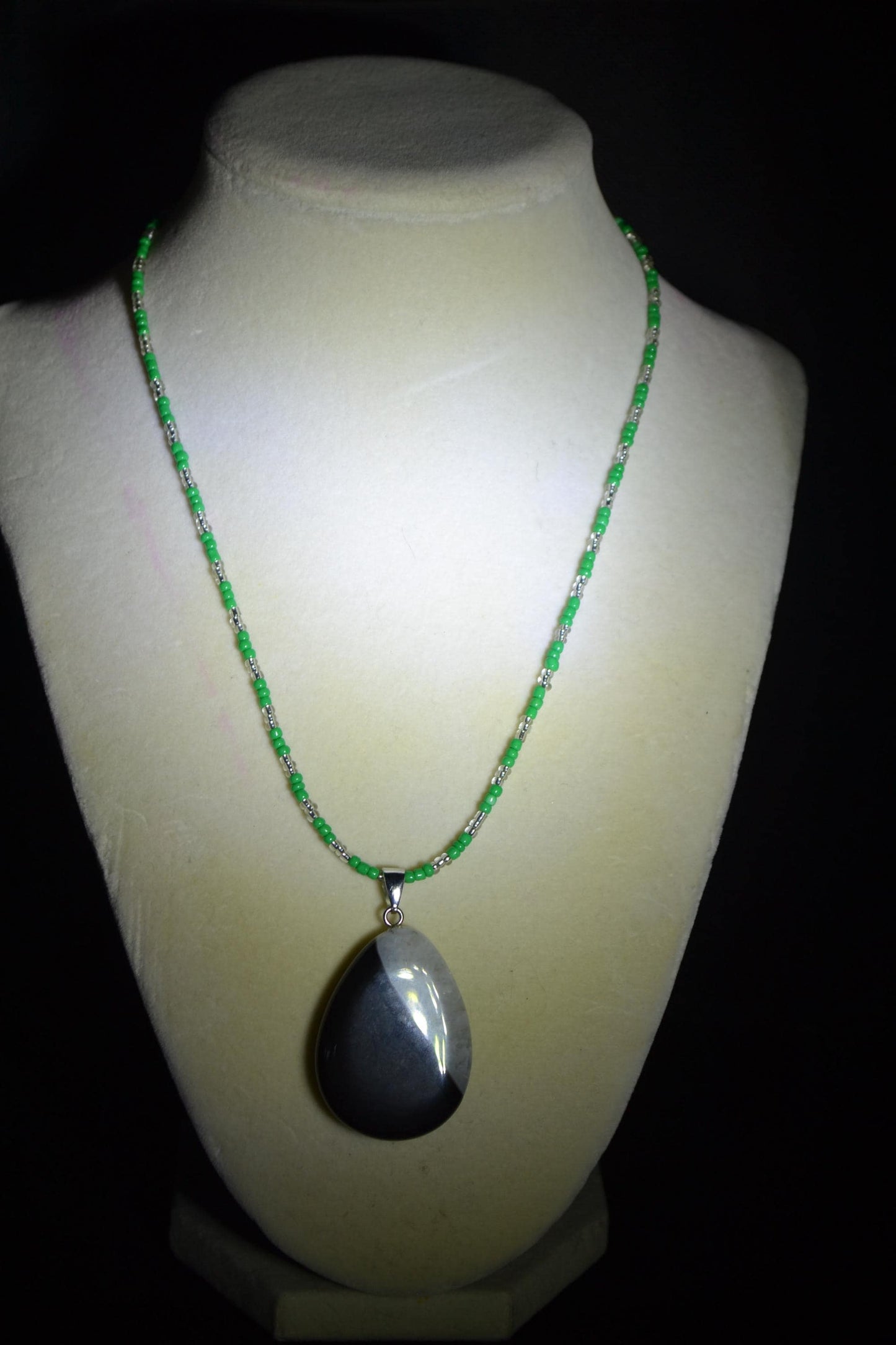 Black Agate/Crystal Quartz pendant glass bead necklace
