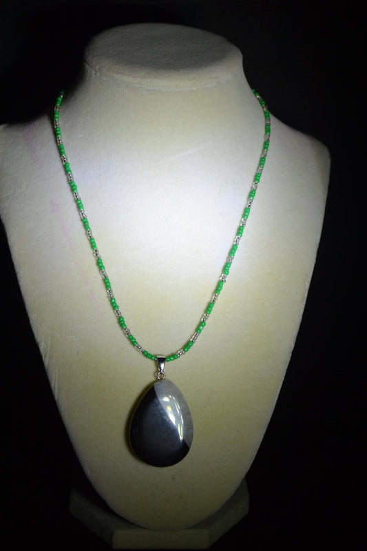 Black Agate/Crystal Quartz pendant glass bead necklace