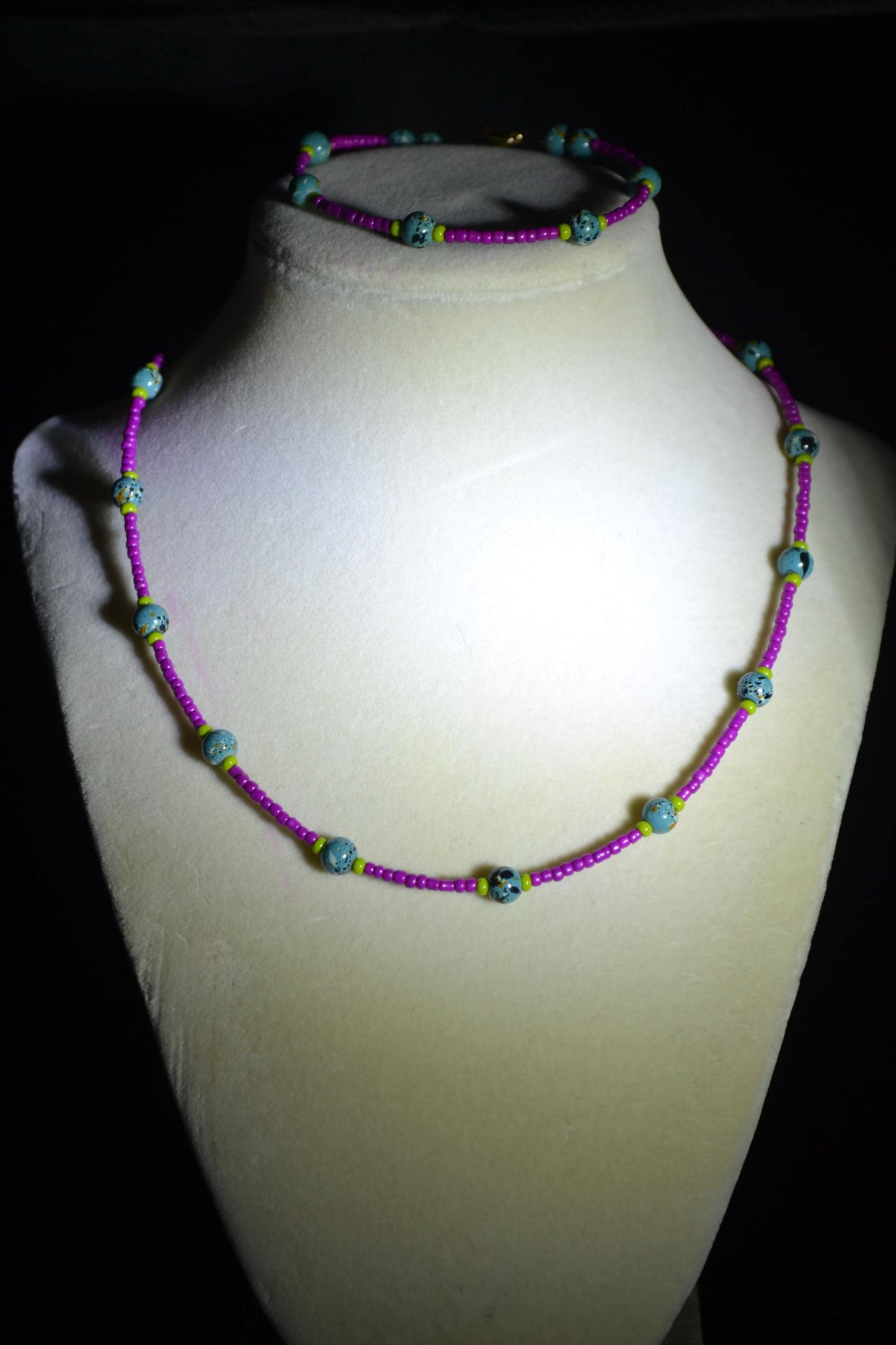 Fuchsia, turquoise, and olive beaded necklace & bracelet set