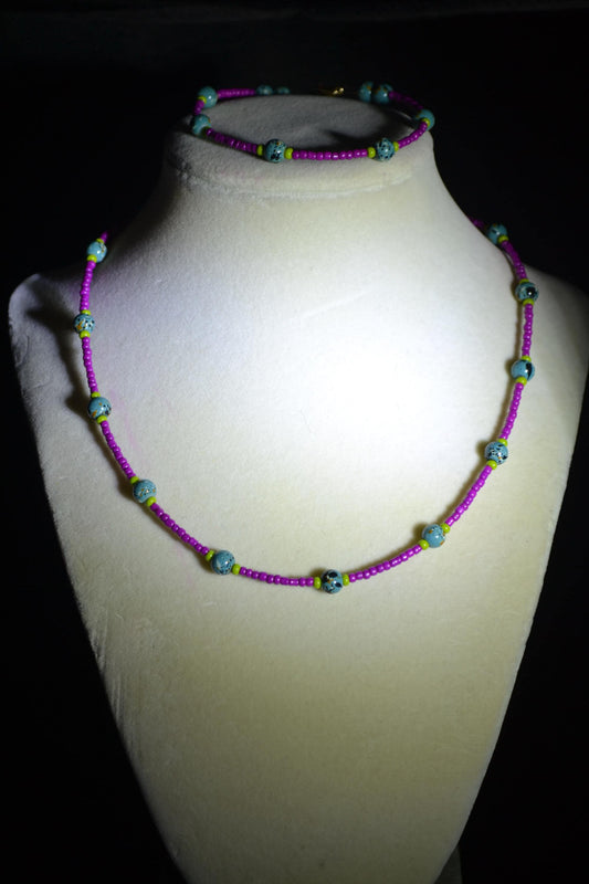 Fuchsia, turquoise, and olive beaded necklace & bracelet set