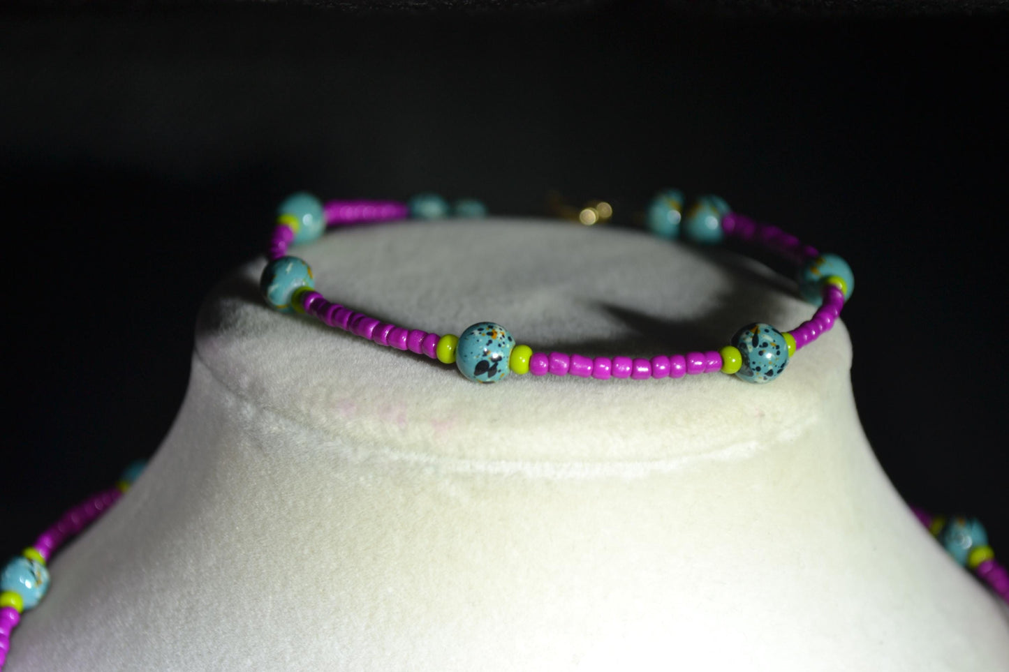 Fuchsia, turquoise, and olive beaded necklace & bracelet set
