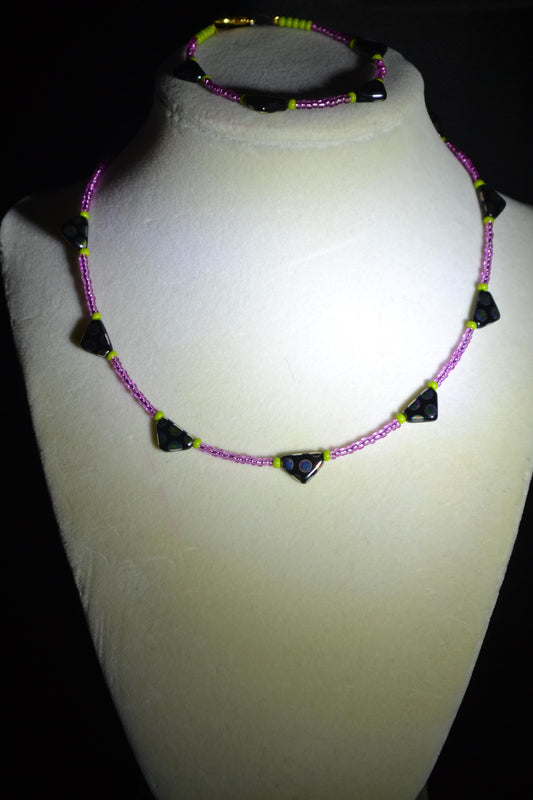 Black and rainbow beaded necklace & bracelet set