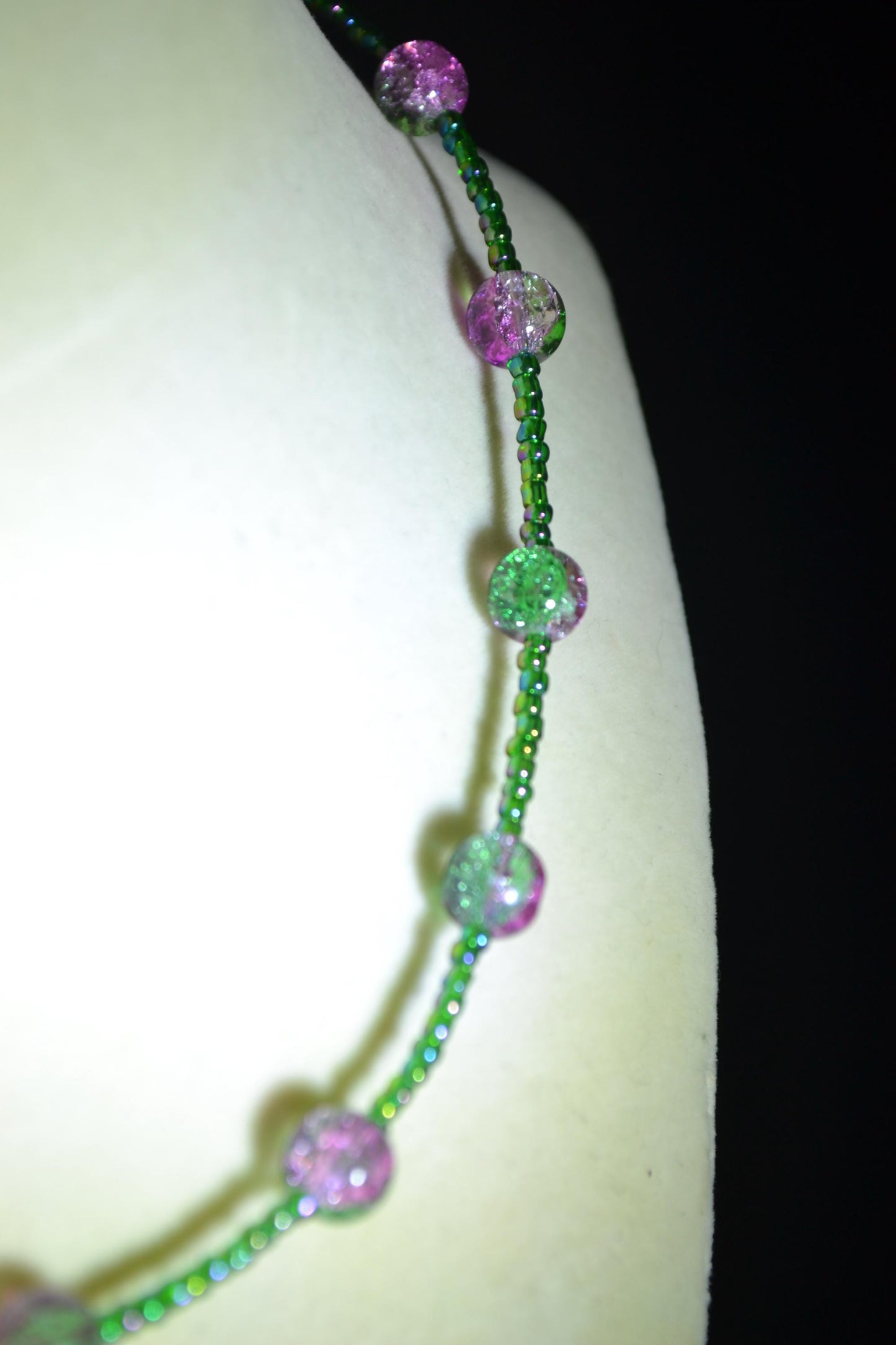 Purple and green crackled beaded necklace & bracelet set