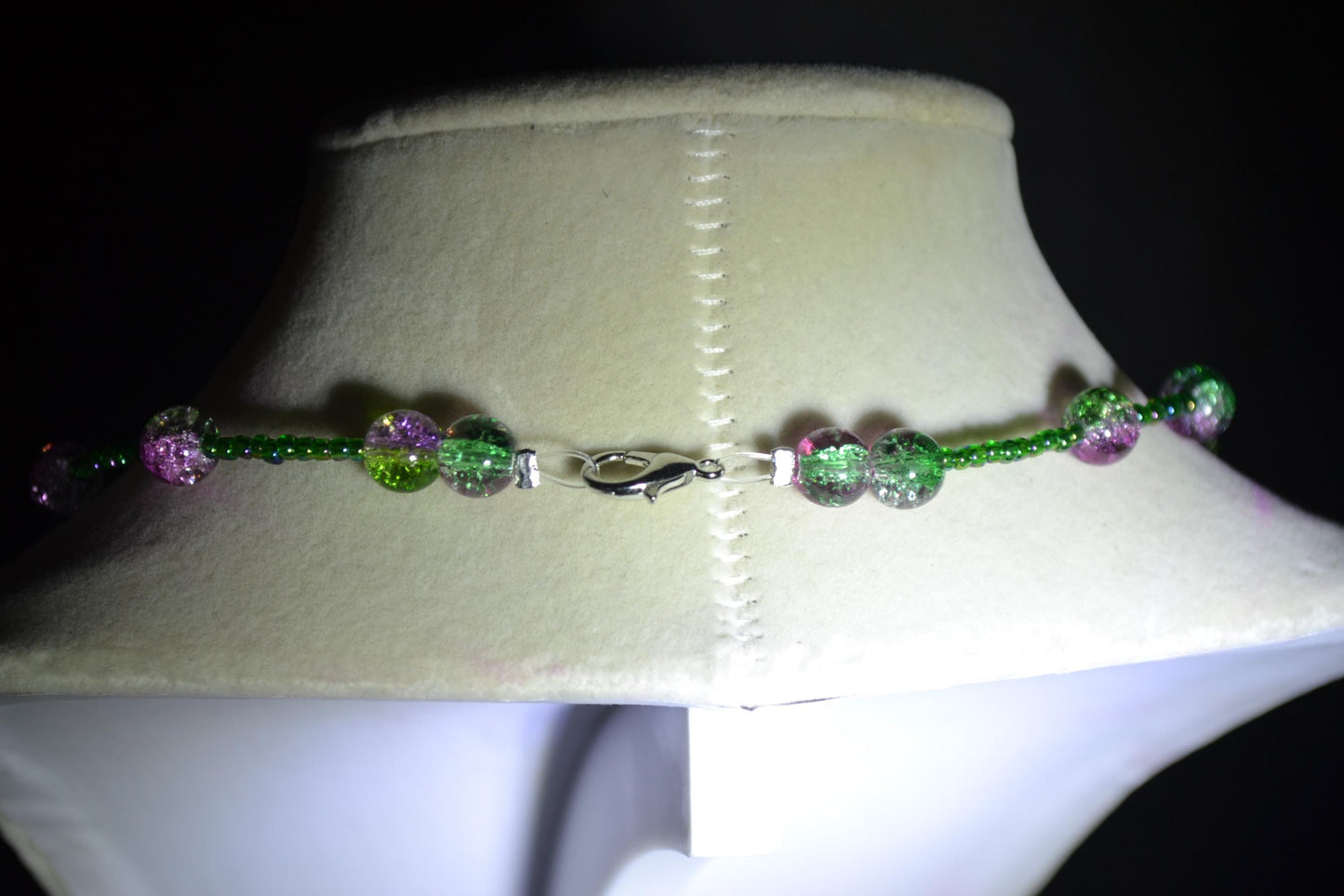 Purple and green crackled beaded necklace & bracelet set