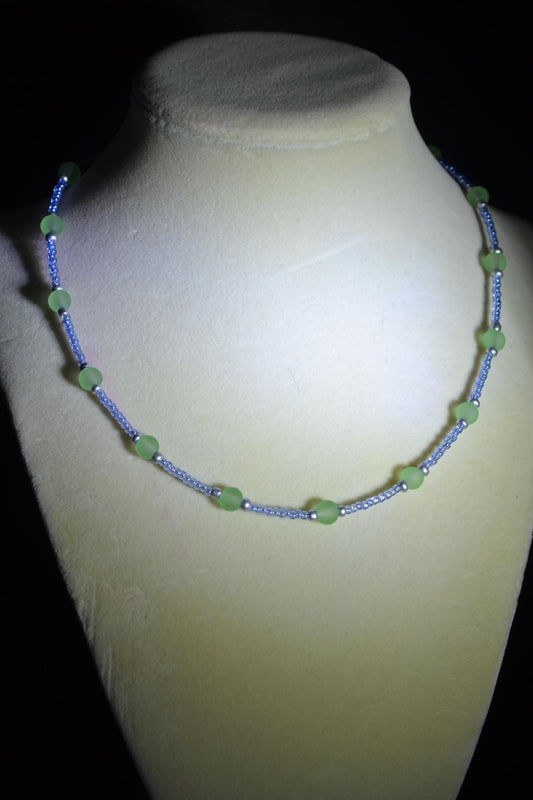 Multicolor glass bead necklace. Sea glass, blue, and silver