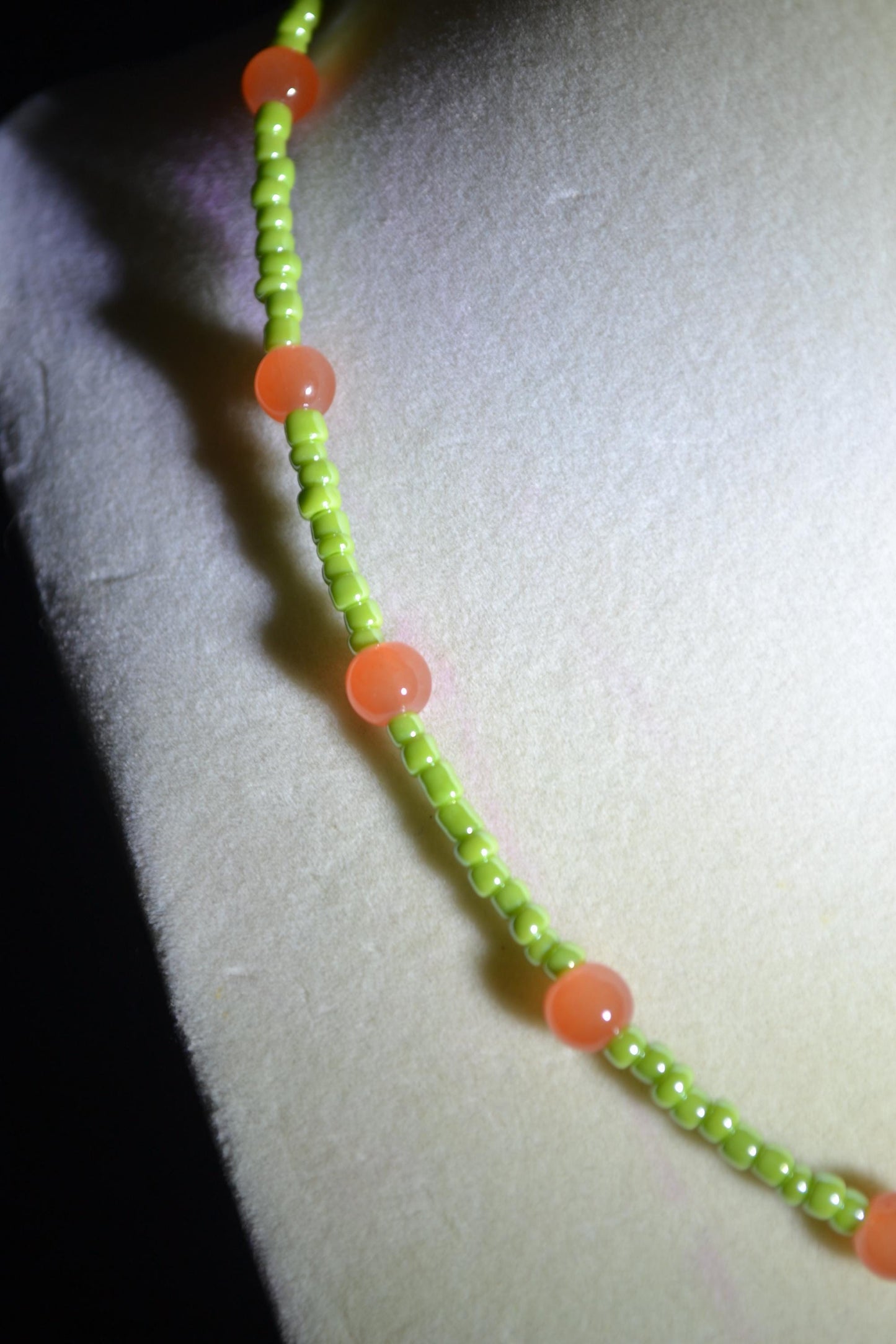 Multicolor glass bead necklace. Tangerine and lime