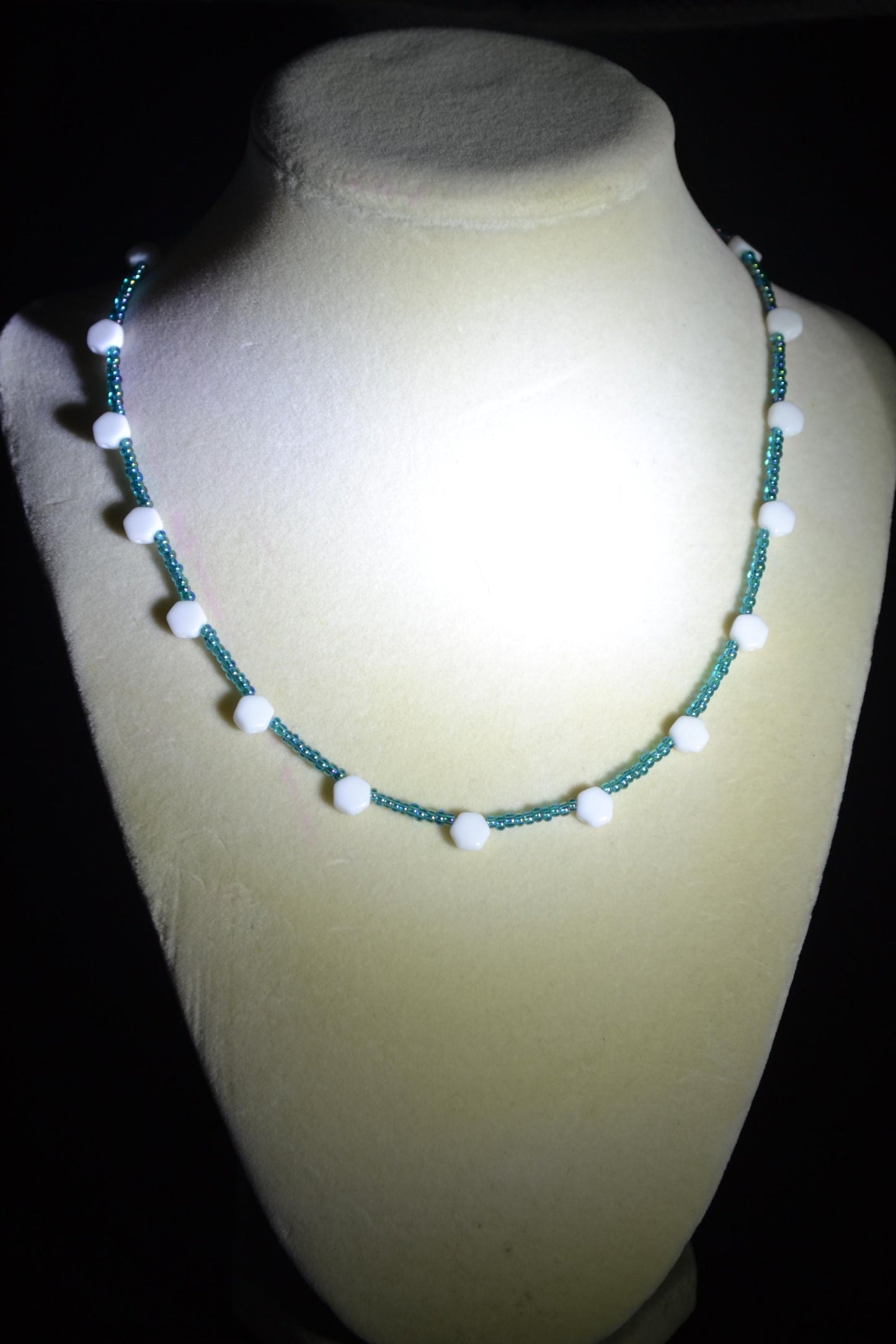 Multicolor glass bead necklace. Blue and iridescent white. Reversible