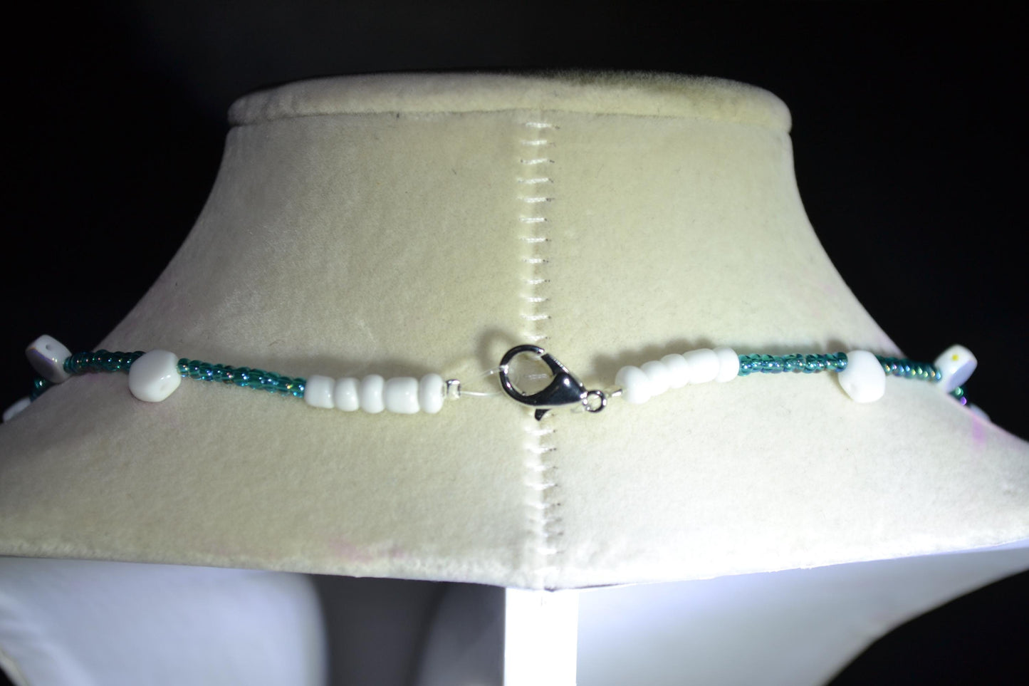 Multicolor glass bead necklace. Blue and iridescent white. Reversible