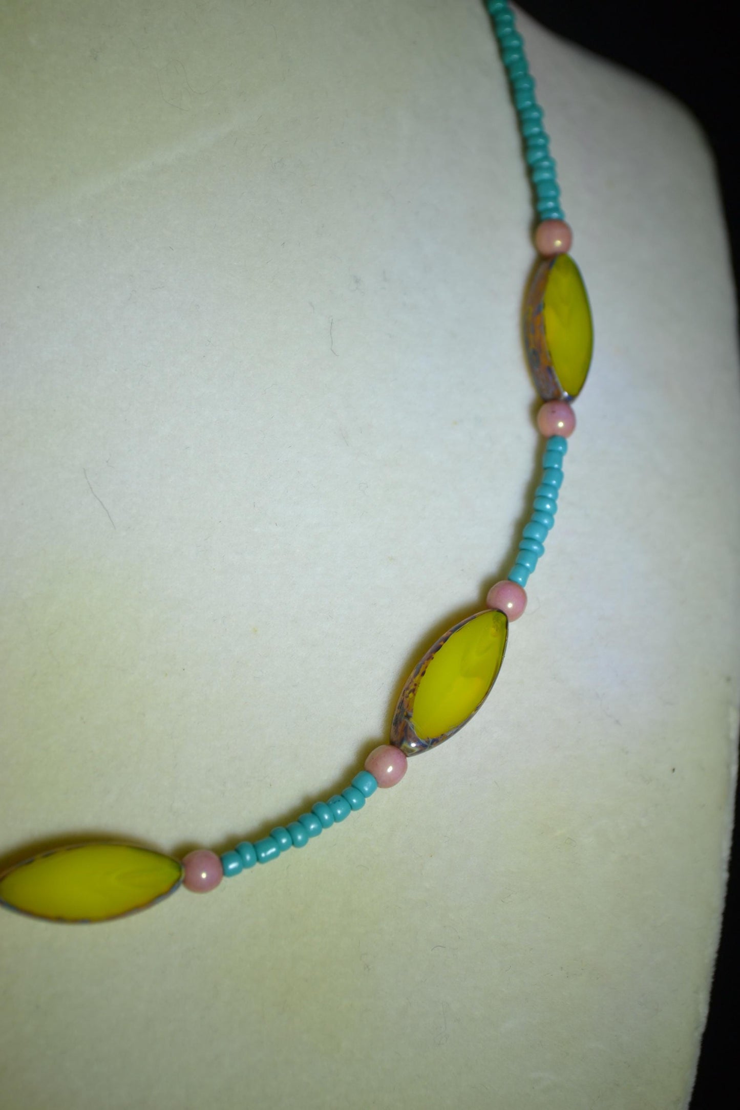 Multicolor glass bead necklace. Aqua, lemon, and rose