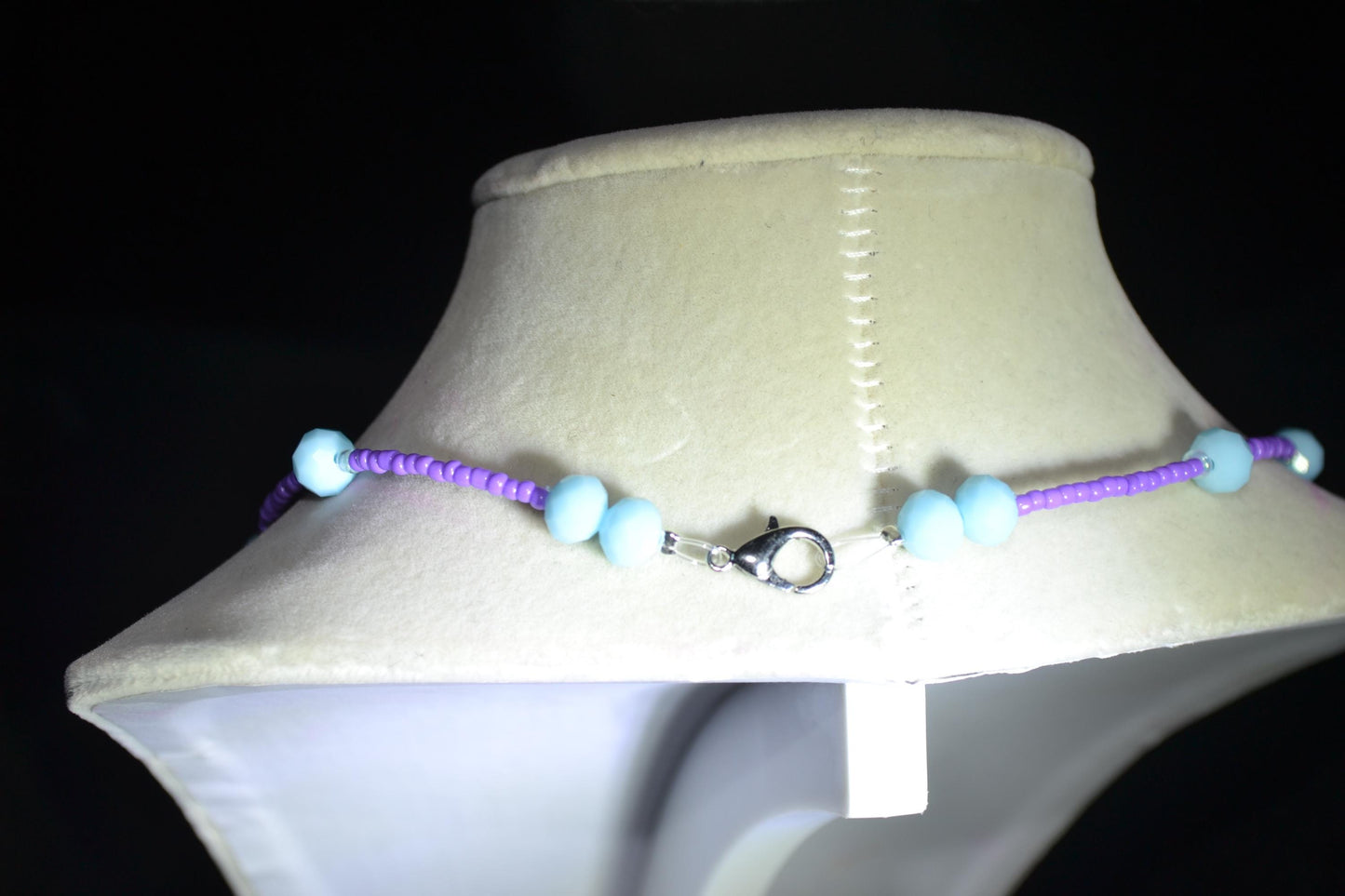 Multicolor glass bead necklace. Purple and sky blue