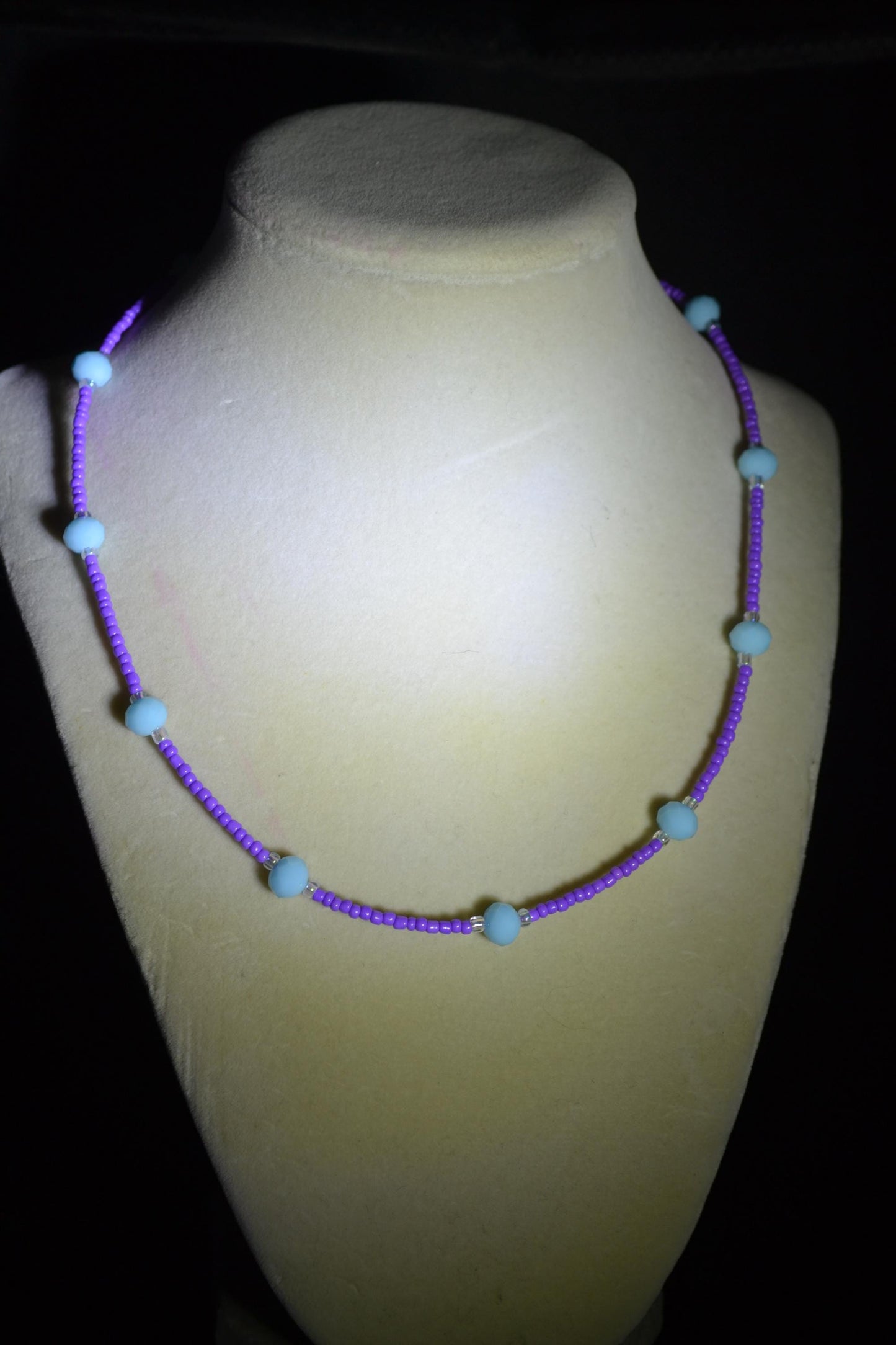 Multicolor glass bead necklace. Purple and sky blue