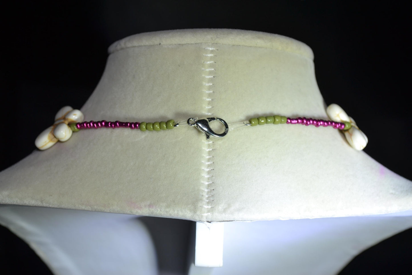 Beaded Butterfly Choker. White, pink, and olive