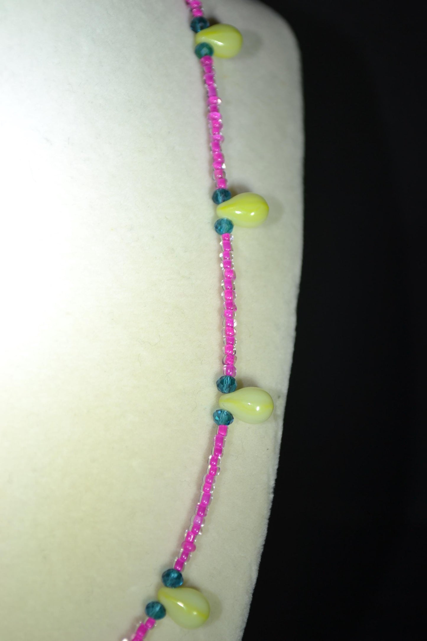Multicolor glass bead necklace. Fuchsia, yellow, and blue