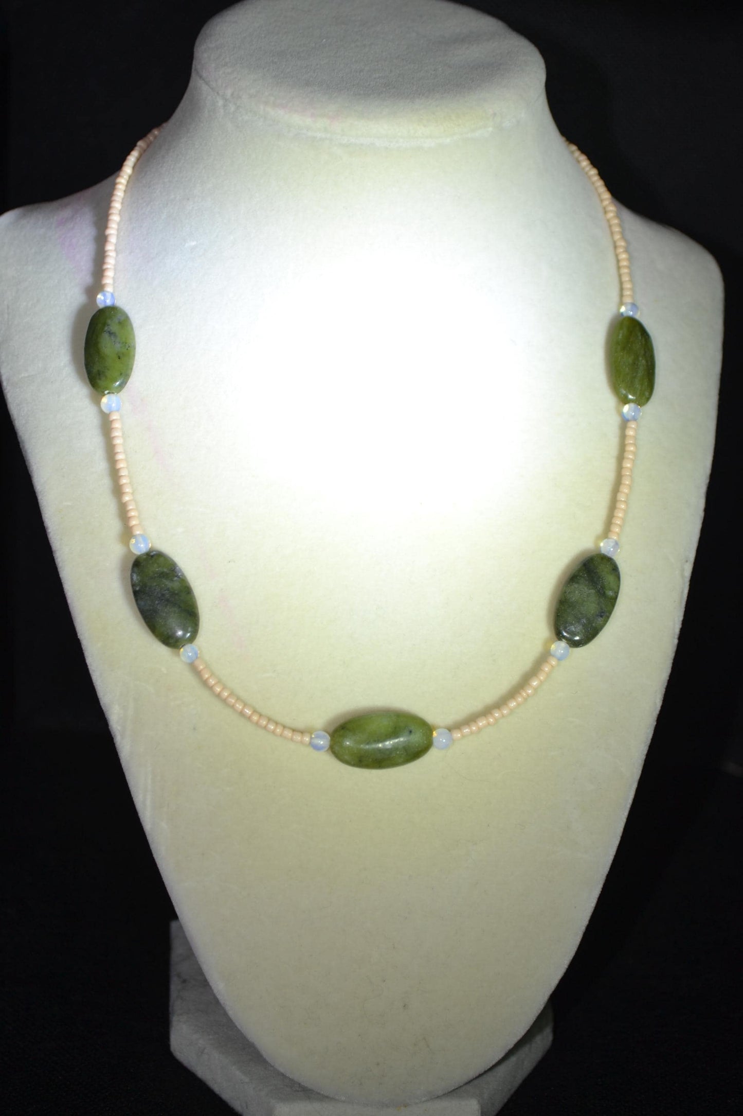 Multicolor glass bead necklace. Green, apricot, and moonstone