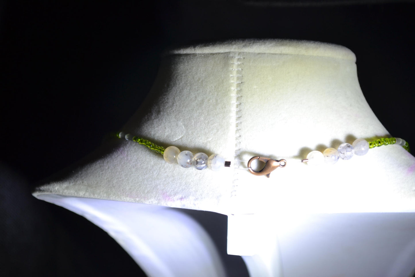 Wire wrapped sharks tooth beaded necklace. Green and grey