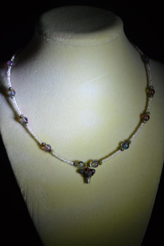 Wire wrapped sharks tooth beaded necklace. White and quartz