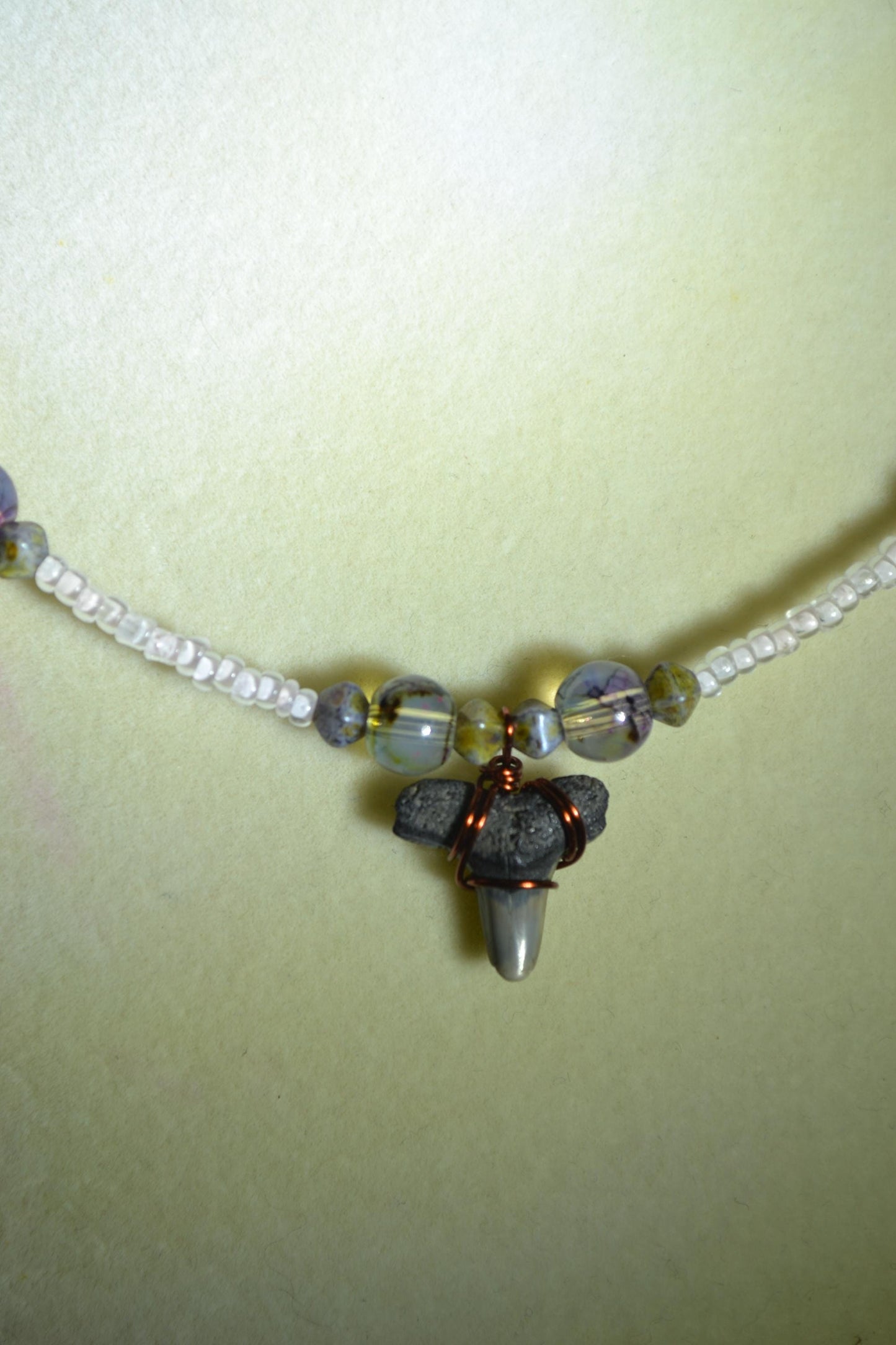 Wire wrapped sharks tooth beaded necklace. White and quartz