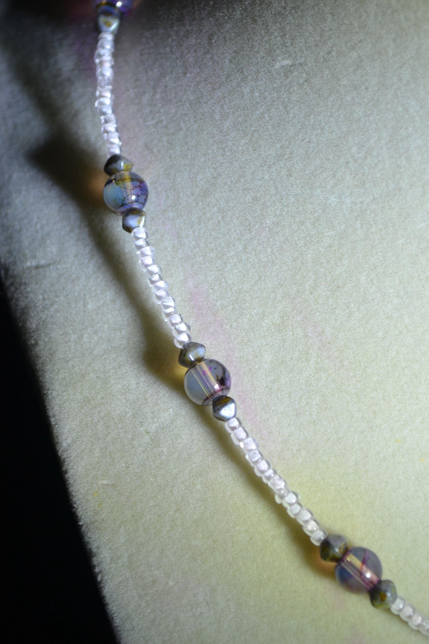 Wire wrapped sharks tooth beaded necklace. White and quartz