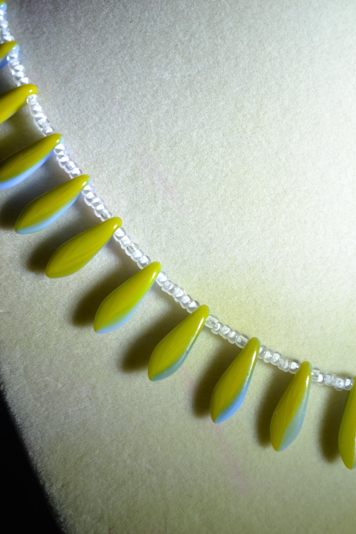 Reversible multicolor glass bead necklace. Olive and sky blue