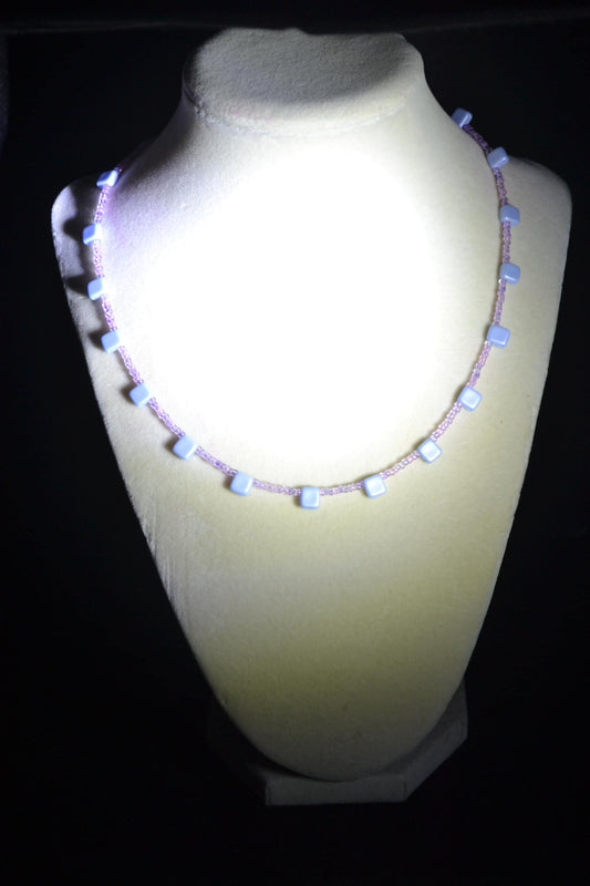 Multicolor glass bead necklace. Blue and pink