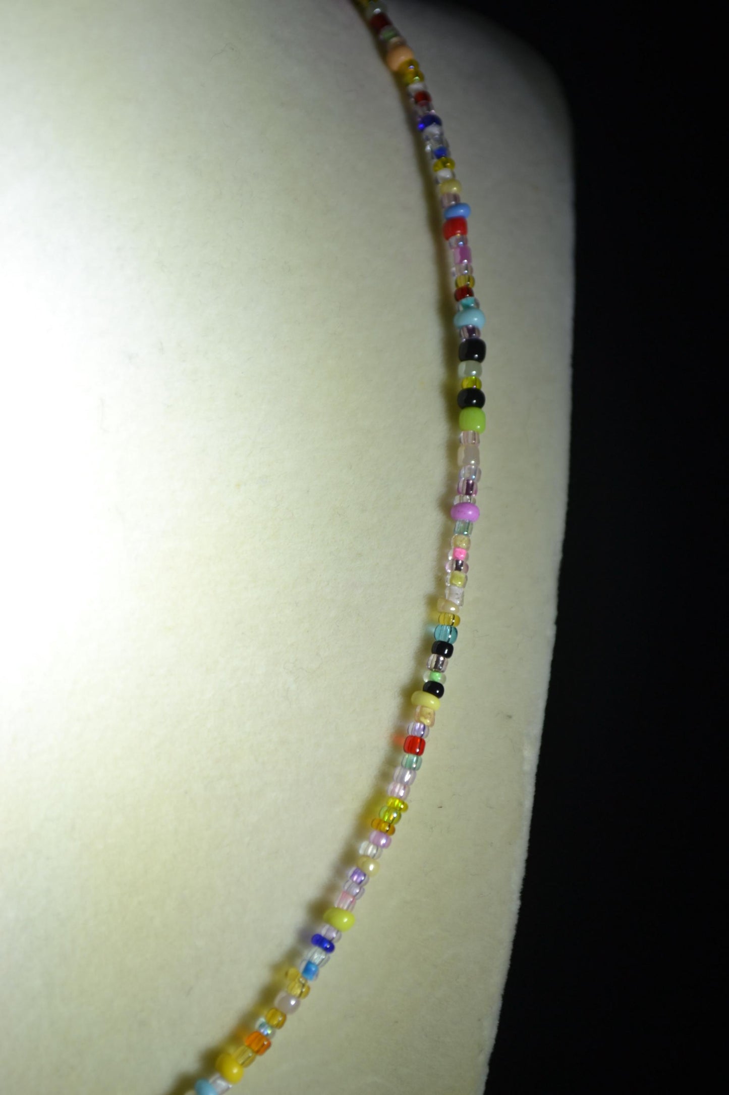 Multicolor glass bead necklace. Black cat pendant