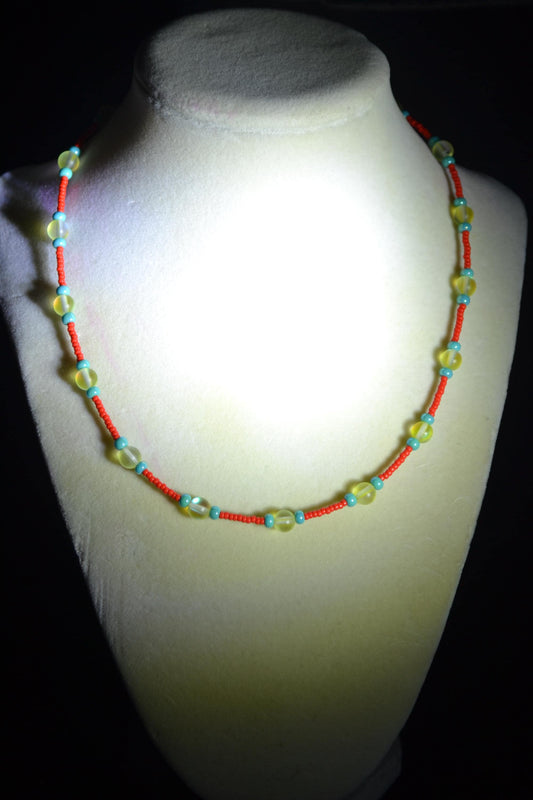 Multicolor glass bead necklace. Red, yellow, and turquoise