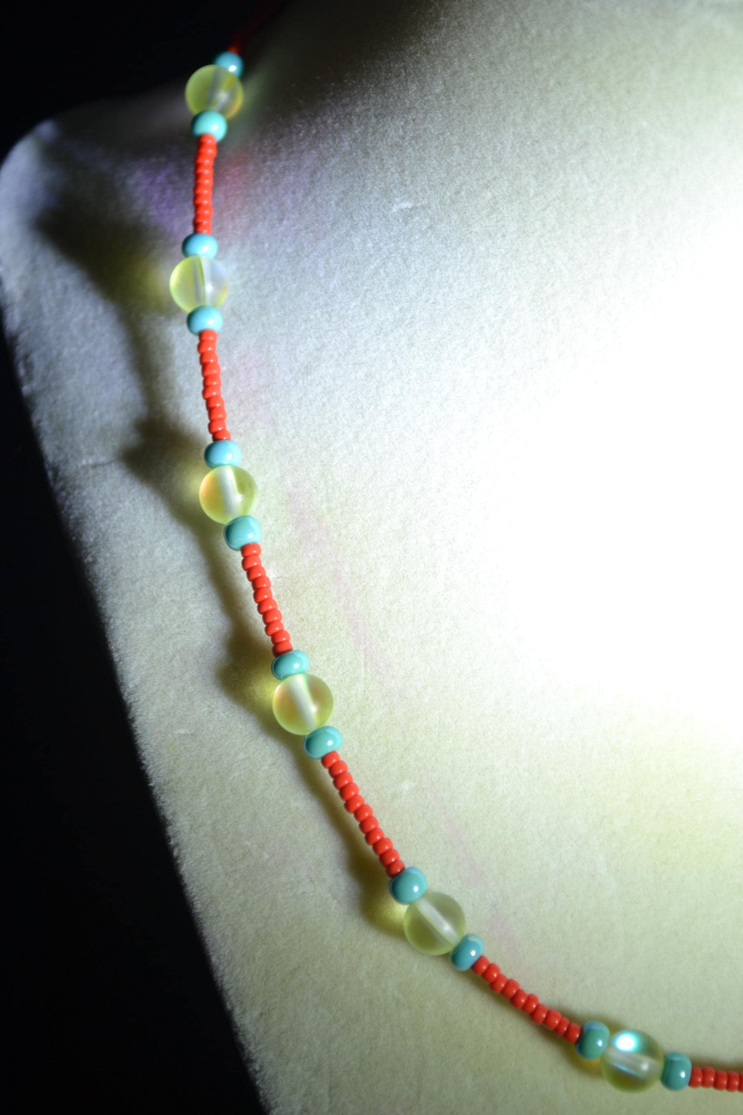 Multicolor glass bead necklace. Red, yellow, and turquoise